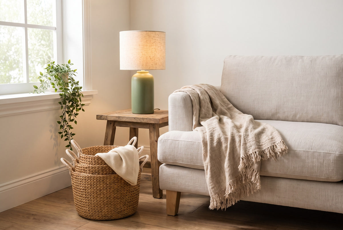 A bright living room corner with a linen throw, a ceramic lamp and seagrass baskets
