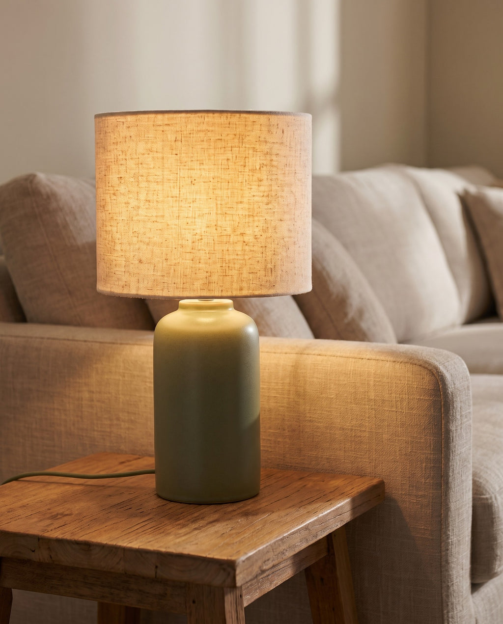 Ceramic Table Lamp with Linen Shade in use