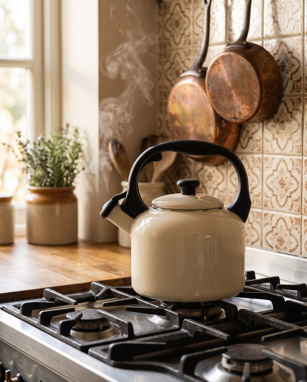 Enamel Stovetop Kettle, 2.5 L in use