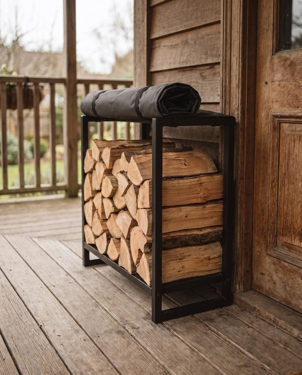 Firewood Rack with Cover in use