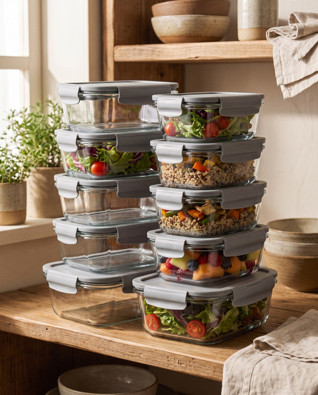 Glass Food Containers, Set of 10 in use