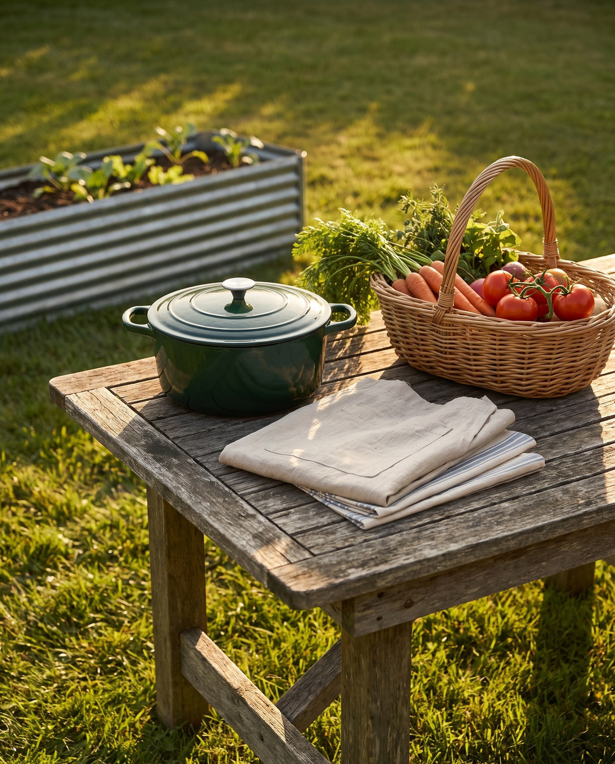 A green casserole, linen and fresh vegetables on a garden table