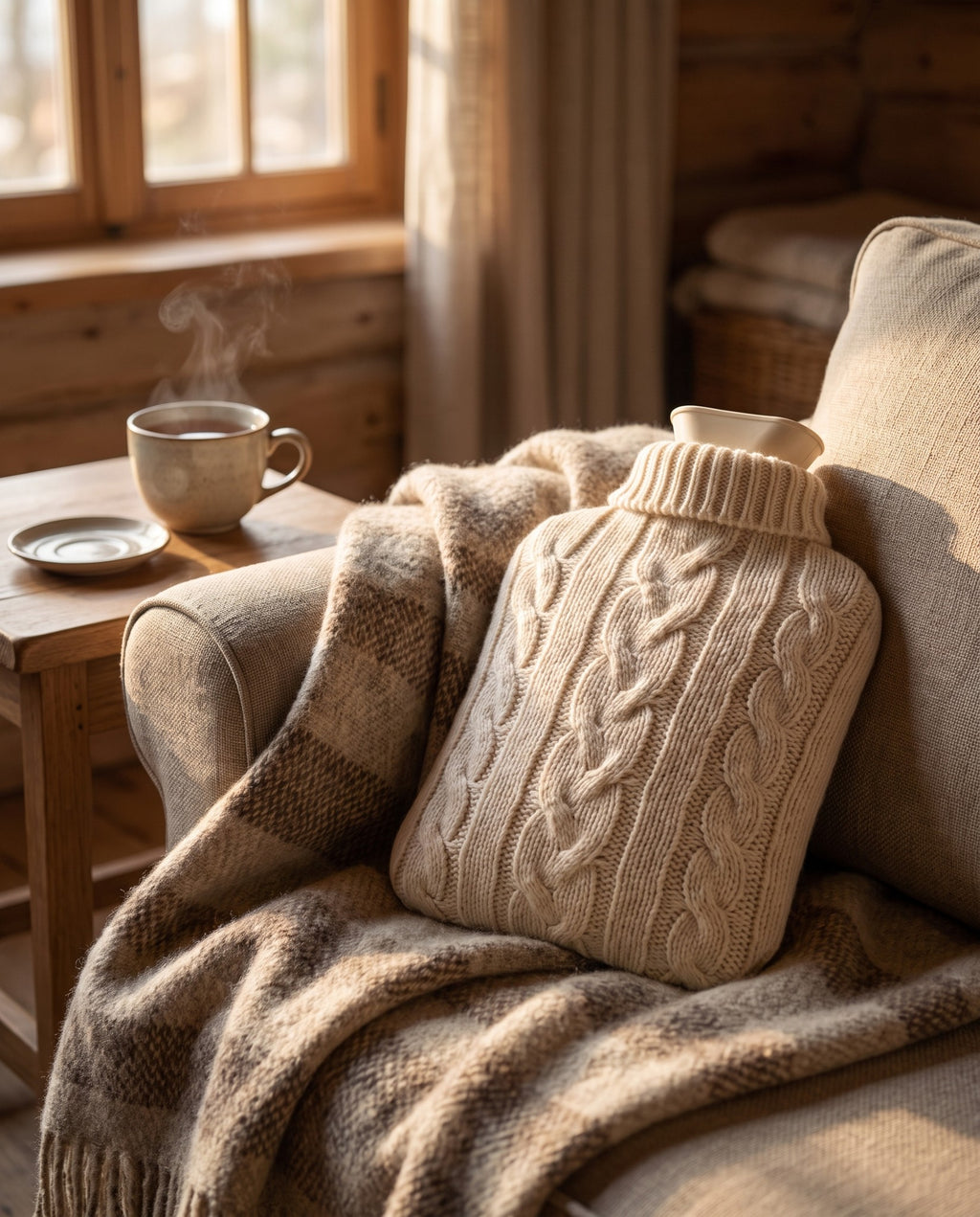 Hot Water Bottle with Knitted Cover in use