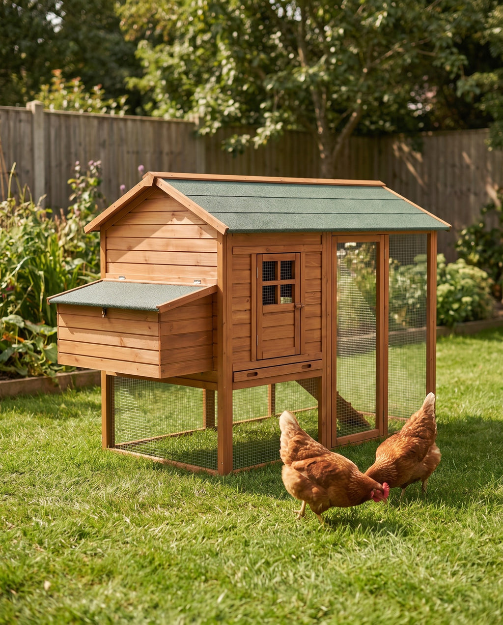 Large Chicken Coop with Nesting Box in use