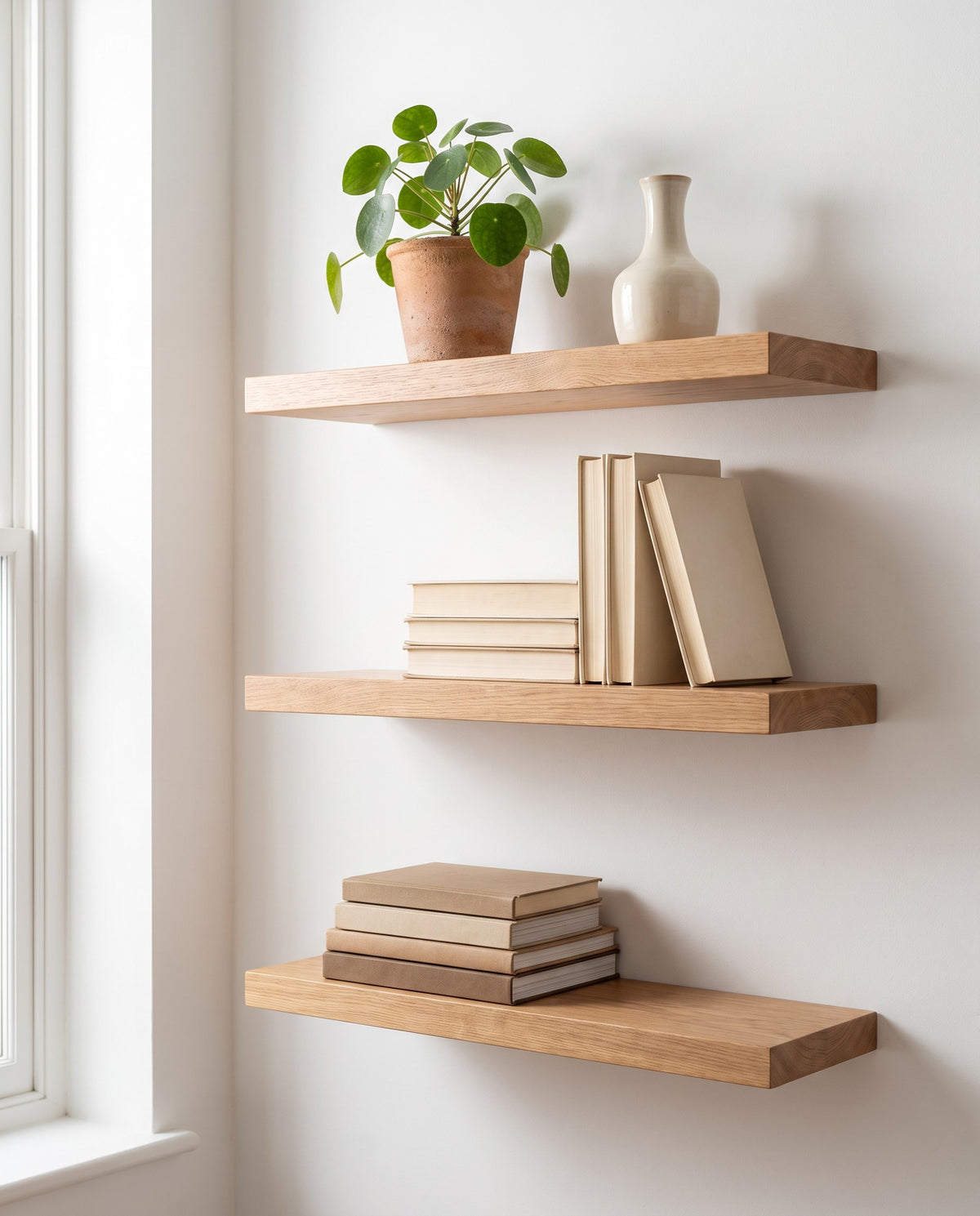 Oak Wall Shelves, Set of 3 in use
