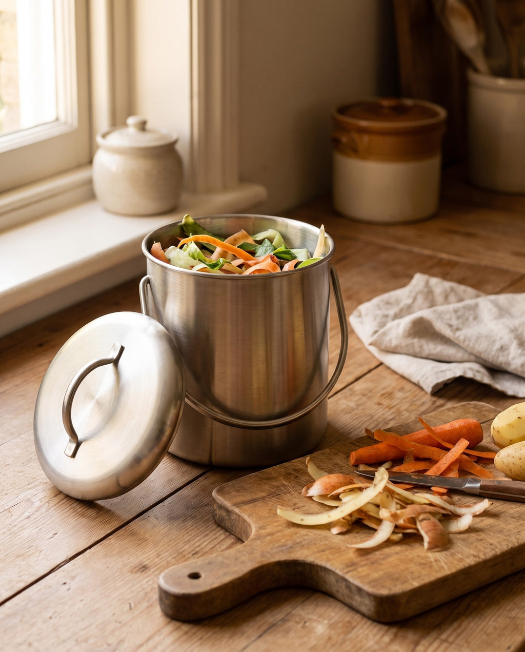 Stainless Kitchen Compost Bin, 5 L in use