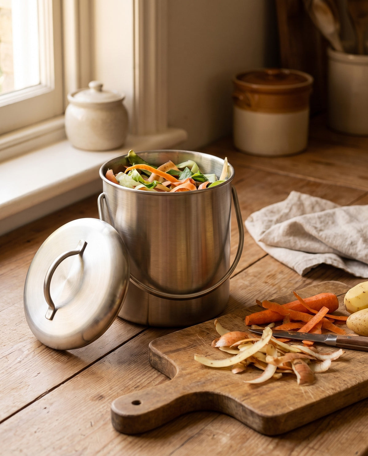 Stainless Kitchen Compost Bin, 5 L in use