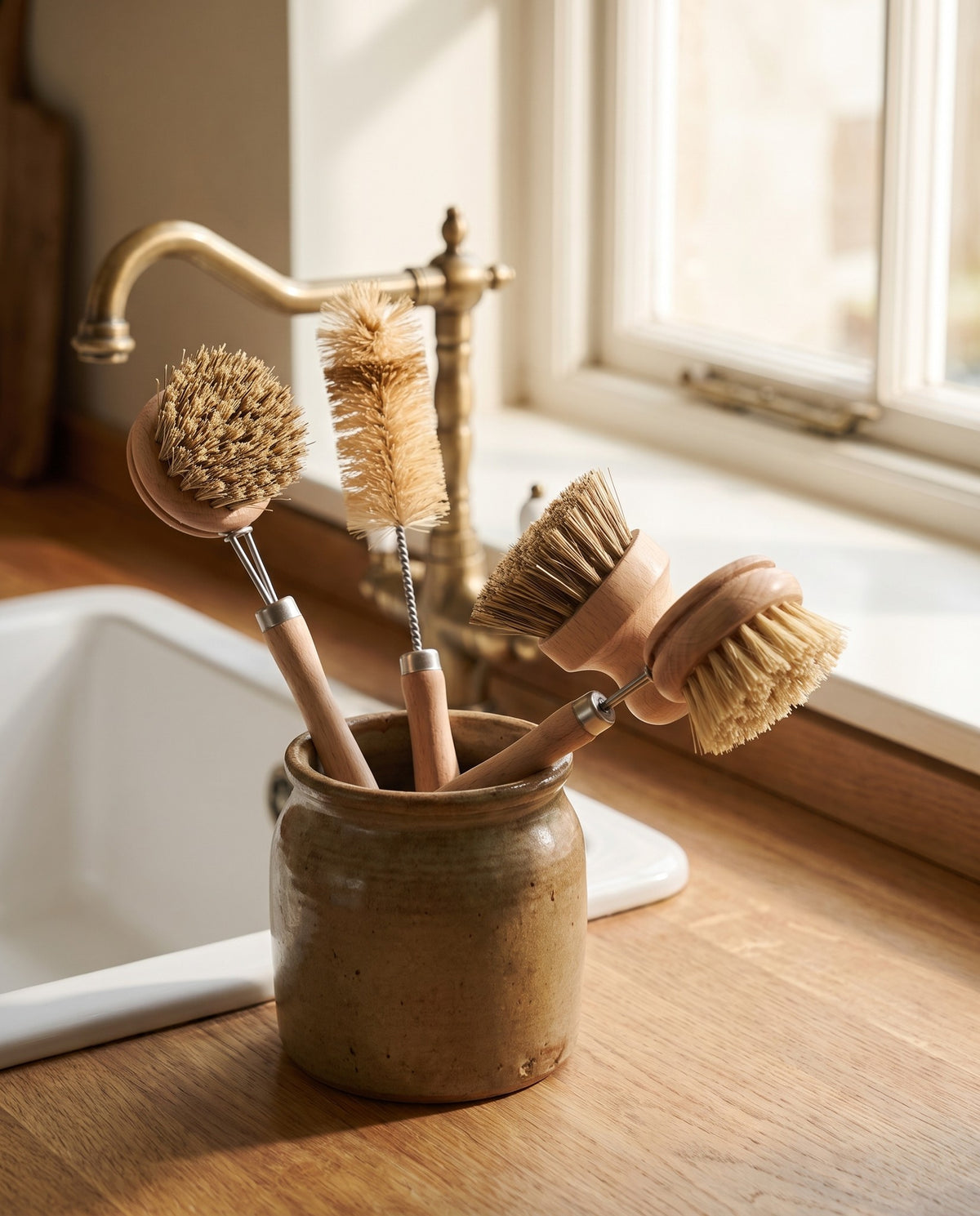 Wooden Dish Brush Set in use